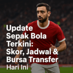 Pemain sepak bola berlari di lapangan dengan teks Update Sepak Bola Terkini: Skor, Jadwal & Bursa Transfer Hari Ini di latar stadion