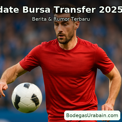 Pemain sepak bola realistis berjersey merah menendang bola di stadion, ilustrasi AI untuk update bursa transfer 2025/26