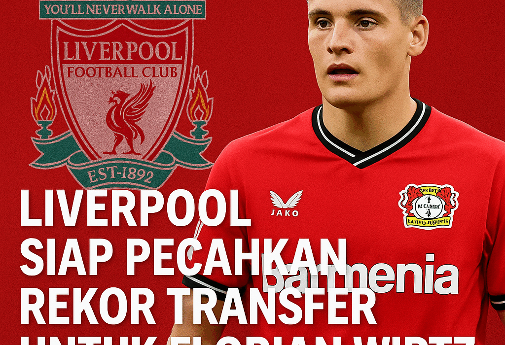 Florian Wirtz mengenakan jersey Liverpool dengan latar logo klub, menggambarkan kabar transfer rekor musim 2025
