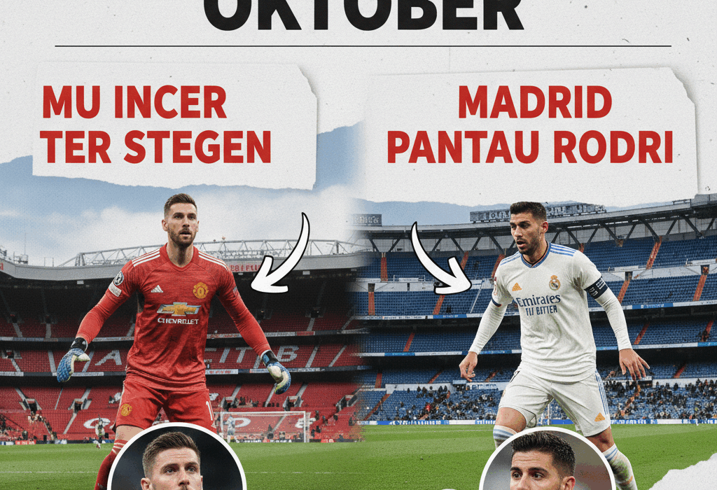 Poster headline “Bursa Transfer Oktober 2025” gaya majalah sepak bola malam hari