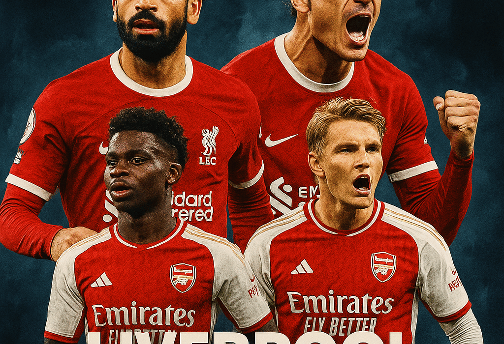 Poster laga Liverpool vs Arsenal menampilkan Mohamed Salah, Darwin Núñez, Bukayo Saka, dan Martin Ødegaard dalam gaya kolase dramatis ukuran 500x500.