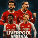 Poster laga Liverpool vs Arsenal menampilkan Mohamed Salah, Darwin Núñez, Bukayo Saka, dan Martin Ødegaard dalam gaya kolase dramatis ukuran 500x500.