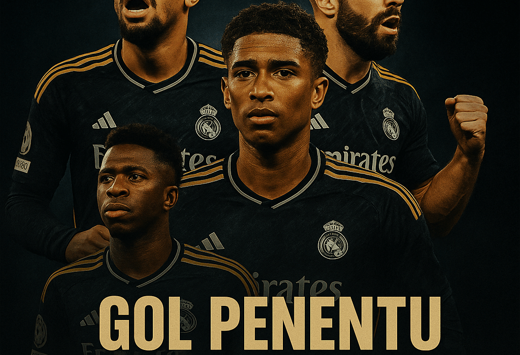 Poster gelap pemain Real Madrid menampilkan Jude Bellingham sebagai fokus utama bersama Militão, Carvajal, dan Vinícius Júnior dengan teks Gol Penentu Bellingham.