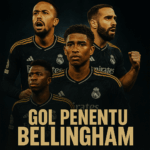 Poster gelap pemain Real Madrid menampilkan Jude Bellingham sebagai fokus utama bersama Militão, Carvajal, dan Vinícius Júnior dengan teks Gol Penentu Bellingham.