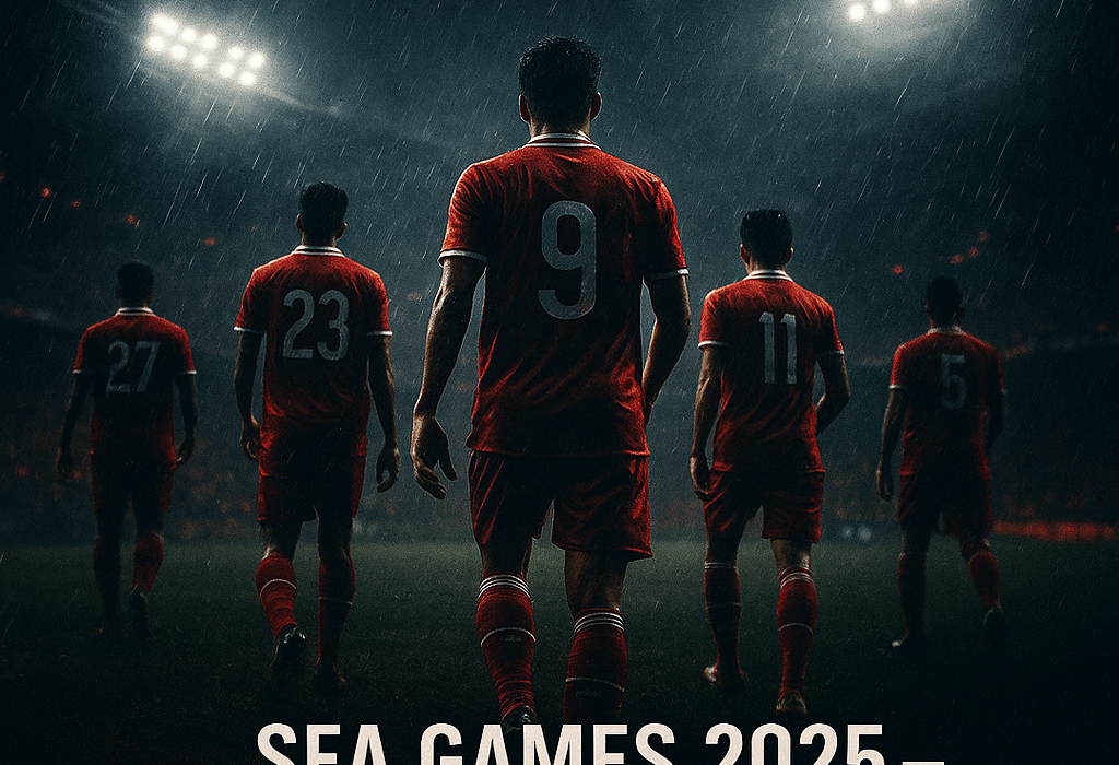 Poster dramatis Timnas Indonesia U-22 di SEA Games 2025 dengan nuansa gelap, hujan, dan sorotan stadion yang intens.