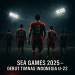 Poster dramatis Timnas Indonesia U-22 di SEA Games 2025 dengan nuansa gelap, hujan, dan sorotan stadion yang intens.